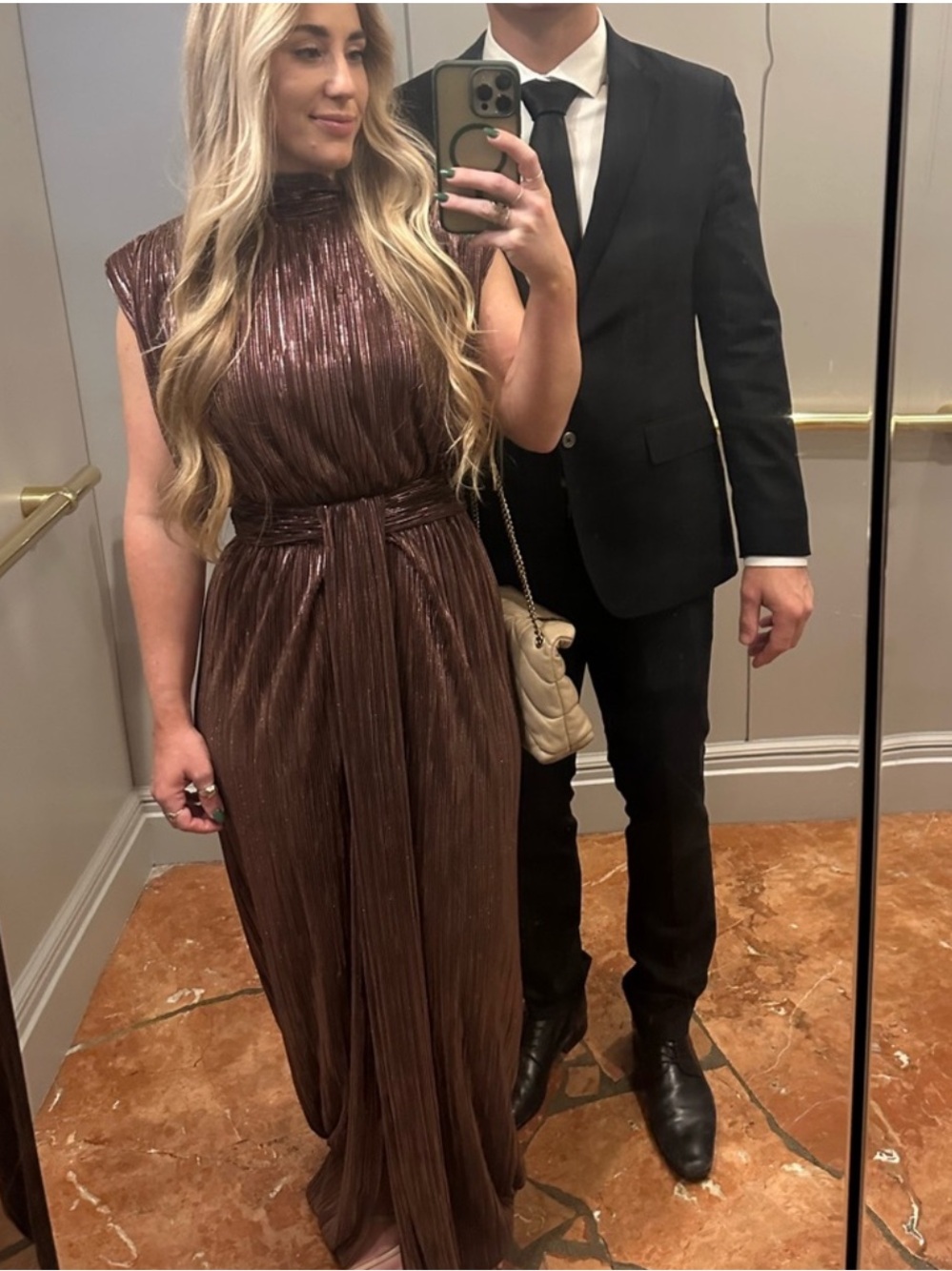 Sabina Musayev Brown Metallic Pleated Maxi Dress